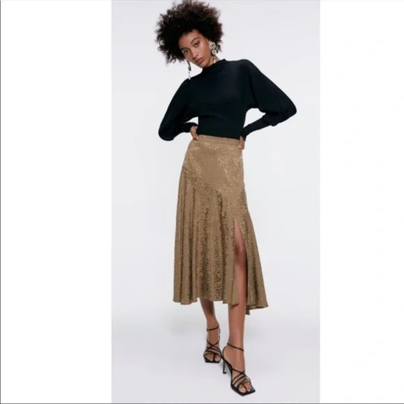 Zara | Jacquard Midi Skirt Oil Green Size XS NWT - Picture 5 of 7
